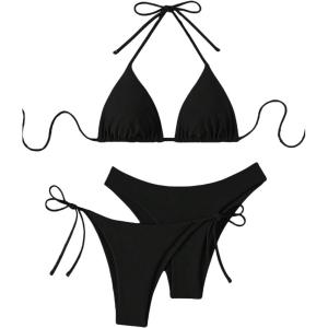image:imageWomens 3 Piece Bikini Sets Tie Back Halter Bras and High Waisted Panties Summer SwimwearBlack
