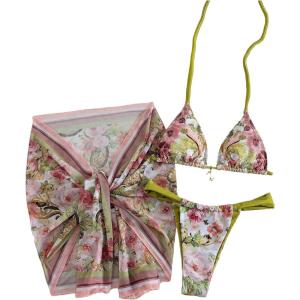 image:imageWomens 3 Piece Floral Bikini Sets Halter Bras and Thongs with Tie Front Skirts Summer BeachwearMulticolor