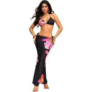 image:imageWomens 3 Piece Floral Swimsuit Halter Triangle String Bikini with Bodycon Beach Skirts Cover UpBlack