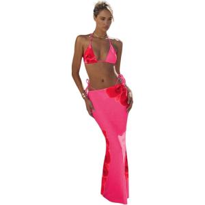 image:imageWomens 3 Piece Floral Swimsuit Halter Triangle String Bikini with Bodycon Beach Skirts Cover UpFloral Hot Pink