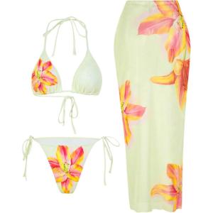 image:imageWomens 3 Piece Floral Swimsuit Halter Triangle String Bikini with Bodycon Beach Skirts Cover UpLight Pure Yellow