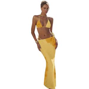 image:imageWomens 3 Piece Floral Swimsuit Halter Triangle String Bikini with Bodycon Beach Skirts Cover UpLight Yellow