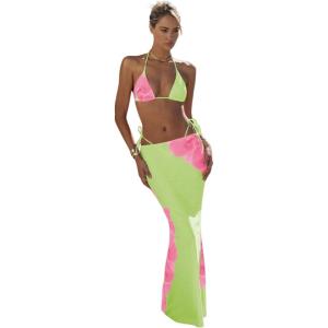 image:imageWomens 3 Piece Floral Swimsuit Halter Triangle String Bikini with Bodycon Beach Skirts Cover UpMint Green