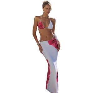 image:imageWomens 3 Piece Floral Swimsuit Halter Triangle String Bikini with Bodycon Beach Skirts Cover UpWhite and Red