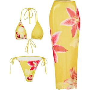 image:imageWomens 3 Piece Floral Swimsuit Halter Triangle String Bikini with Bodycon Beach Skirts Cover UpYellow and Pink