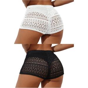 image:imageWomens Bathing Suit Cover Up Beach Shorts Hollow Out Crochet Coverups Beach Shorts 2 Pack SwimwearBlack and White