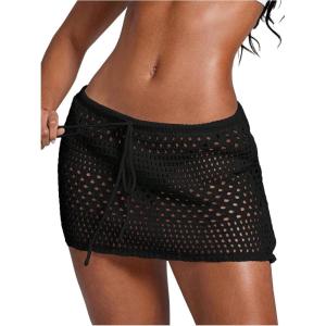 image:imageWomens Bathing Suit Cover Up Crochet Beach Skirt Knit Drawstring Sheer Mesh Swim Coverups SwimwearBlack