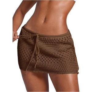 image:imageWomens Bathing Suit Cover Up Crochet Beach Skirt Knit Drawstring Sheer Mesh Swim Coverups SwimwearCoffee Brown