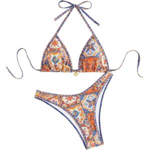 image:imageWomens Boho High Cut Bikini Sets Halter Triangle Padded Bathing Suit 2 Piece Retro SwimsuitOrange