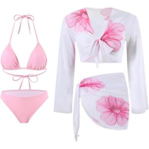 image:imageWomens Floral Boho Bikini Set 4 Piece Halter Triangle Cheeky Swimsuit with Cover Up OutfitPink