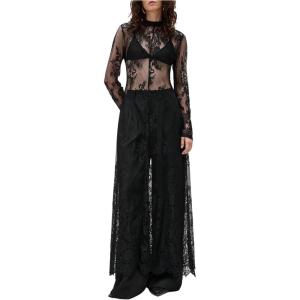 image:imageWomens Goth Floral Lace Sheer Dress Elegant Ruffle Long Sleeve Mock Neck Maxi DressesBlack