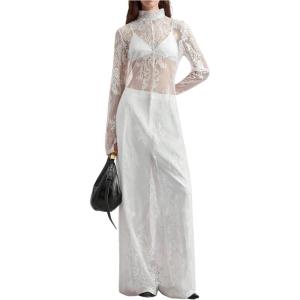 image:imageWomens Goth Floral Lace Sheer Dress Elegant Ruffle Long Sleeve Mock Neck Maxi DressesWhite