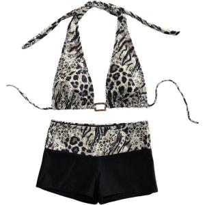 image:imageWomens Leopard Print Cheeky Bikini Sets Ring Linked Triangle Top with Color Block Shorts SwimsuitsBlack Multicolor