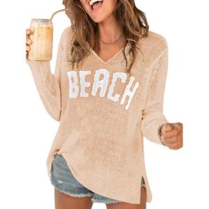 image:imageWomens Letter V Neck Beach Sweaters Long Sleeve Split Crochet Tops Knit Pullovers Cover UpApricot and White