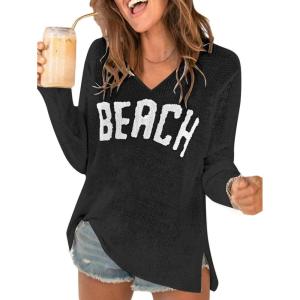 image:imageWomens Letter V Neck Beach Sweaters Long Sleeve Split Crochet Tops Knit Pullovers Cover UpBlack
