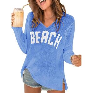 image:imageWomens Letter V Neck Beach Sweaters Long Sleeve Split Crochet Tops Knit Pullovers Cover UpBlue