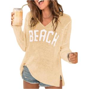 image:imageWomens Letter V Neck Beach Sweaters Long Sleeve Split Crochet Tops Knit Pullovers Cover UpDeep Khaki