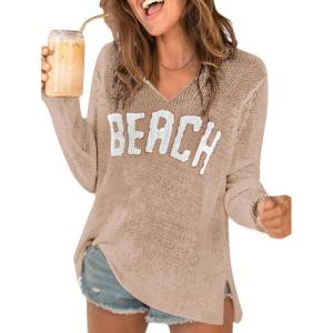image:imageWomens Letter V Neck Beach Sweaters Long Sleeve Split Crochet Tops Knit Pullovers Cover UpKhaki