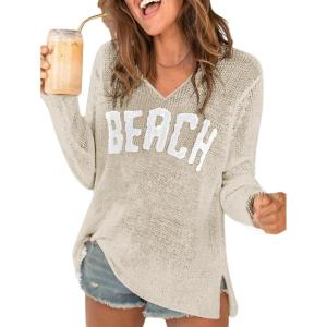 image:imageWomens Letter V Neck Beach Sweaters Long Sleeve Split Crochet Tops Knit Pullovers Cover UpLight Grey