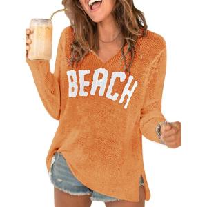image:imageWomens Letter V Neck Beach Sweaters Long Sleeve Split Crochet Tops Knit Pullovers Cover UpLight Orange