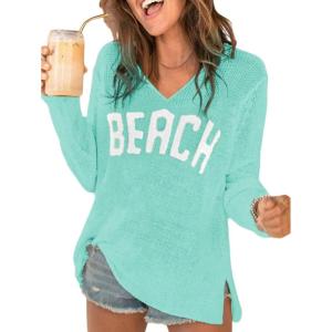 image:imageWomens Letter V Neck Beach Sweaters Long Sleeve Split Crochet Tops Knit Pullovers Cover UpMint Blue