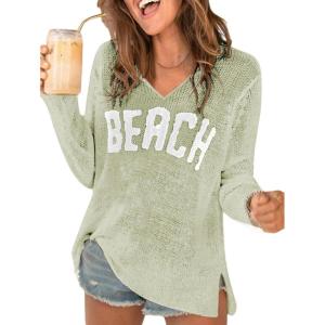 image:imageWomens Letter V Neck Beach Sweaters Long Sleeve Split Crochet Tops Knit Pullovers Cover UpMint Green