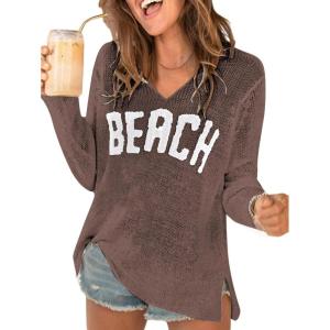 image:imageWomens Letter V Neck Beach Sweaters Long Sleeve Split Crochet Tops Knit Pullovers Cover UpRust Brown