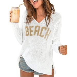 image:imageWomens Letter V Neck Beach Sweaters Long Sleeve Split Crochet Tops Knit Pullovers Cover UpWhite