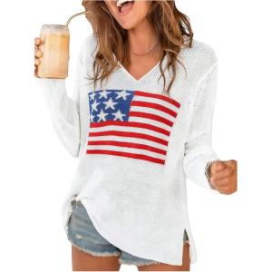 image:imageWomens Letter V Neck Beach Sweaters Long Sleeve Split Crochet Tops Knit Pullovers Cover UpWhite Red and Blue