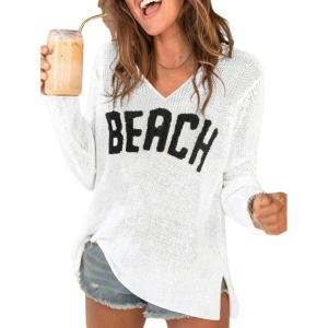 image:imageWomens Letter V Neck Beach Sweaters Long Sleeve Split Crochet Tops Knit Pullovers Cover UpWhite and Black