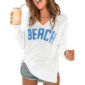 image:imageWomens Letter V Neck Beach Sweaters Long Sleeve Split Crochet Tops Knit Pullovers Cover UpWhite and Blue