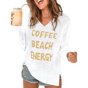 image:imageWomens Letter V Neck Beach Sweaters Long Sleeve Split Crochet Tops Knit Pullovers Cover UpWhite and Khaki