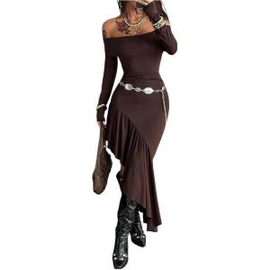 image:imageWomens Off Shoulder Long Sleeve Bodycon Long Dress Asymmetrical Ruffle Cowgirl DressesBrown