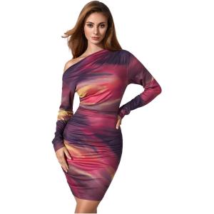 image:imageWomens Off Shoulder Ombre Tie Dye Bodycon Dress Long Sleeve Slim Fit Pencil Mini DressesDrak Purple