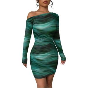 image:imageWomens Off Shoulder Ombre Tie Dye Bodycon Dress Long Sleeve Slim Fit Pencil Mini DressesGreen
