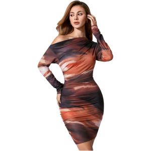 image:imageWomens Off Shoulder Ombre Tie Dye Bodycon Dress Long Sleeve Slim Fit Pencil Mini DressesLight Orange
