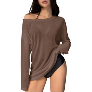image:imageWomens Off Shoulder Swimsuit Coverup See Through Long Sleeve Bathing Suit Cover Up BeachwearBrown