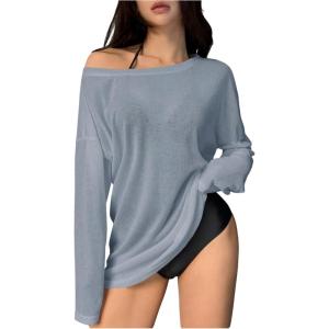 image:imageWomens Off Shoulder Swimsuit Coverup See Through Long Sleeve Bathing Suit Cover Up BeachwearLight Blue