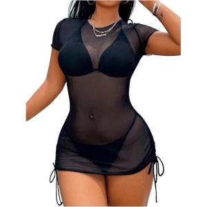 image:imageWomens Sheer Mesh Drawstring Ruched Swimsuit Beach Dress Bathing Suit Cover UpBlack