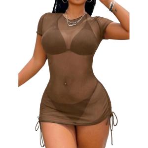 image:imageWomens Sheer Mesh Drawstring Ruched Swimsuit Beach Dress Bathing Suit Cover UpCoffee Brown