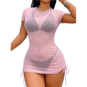 image:imageWomens Sheer Mesh Drawstring Ruched Swimsuit Beach Dress Bathing Suit Cover UpLight Pink