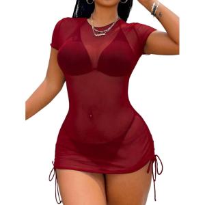 image:imageWomens Sheer Mesh Drawstring Ruched Swimsuit Beach Dress Bathing Suit Cover UpRed