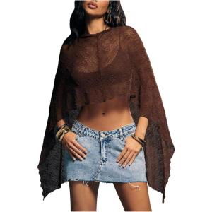 image:imageWomens Sheer Poncho Top Lightweight Shrug Bolero Asymmetrical Mesh Beach Cover Ups BeachwearBrown