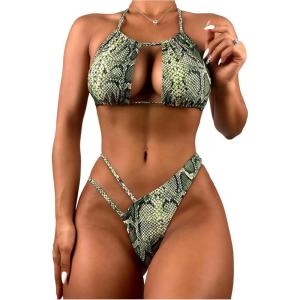 image:imageWomens Snakeskin Graphic Halter Bikini Set 2 Piece Cut Out High Cut Thong Swimsuits BeachwearGreen