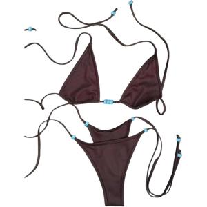 image:imageWomens Triangle String Bikini Set Beaded Halter Swimsuits 2 Piece Self Tie Brazilian Bathing SuitKhaki