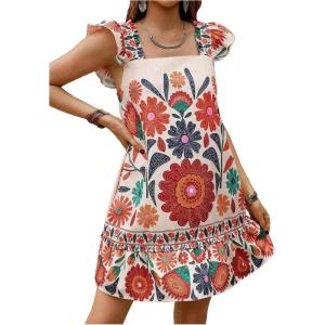 image:imageWomens Tropical Floral Ruffle A Line Short Dress Sleeveless Square Neck Vacation Summer DressesMulticolor
