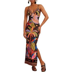 image:imageWomens Tropical Graphic V Neck Midi Dresses Sleeveless Split Beach Vacation Cami DressBlack