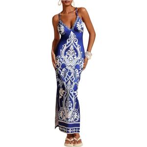 image:imageWomens Tropical Graphic V Neck Midi Dresses Sleeveless Split Beach Vacation Cami DressBlue