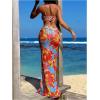 image:imageWomens 3 Piece Floral Cheeky Bikini Sets Halter String Swimsuit with Mesh Beach Cover Up SkirtBlue Orange