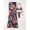 image:imageWomens 3 Piece Floral Cheeky Bikini Sets Halter String Swimsuit with Mesh Beach Cover Up SkirtMix Brown